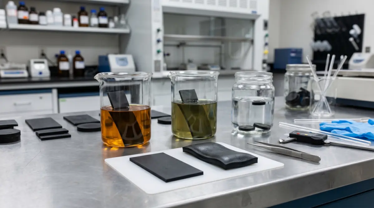 Muestras de elastómero expuestas a fluidos para evaluar hinchamiento y compatibilidad.
