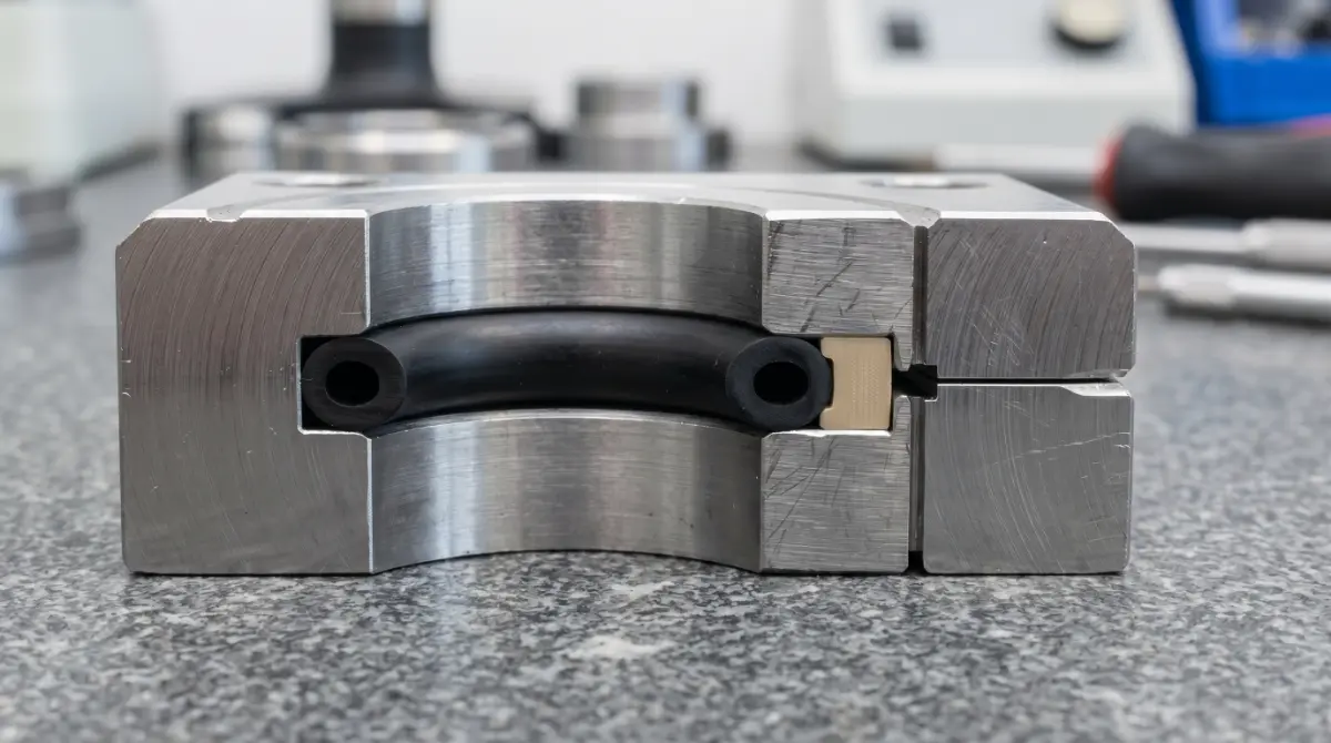 Sección de O-ring con anillo antiextrusión en alojamiento metálico